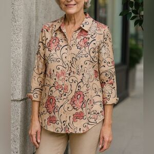 Chico’s No-Iron FreshChic Linen Floral Button Front Blouse Size 12/14